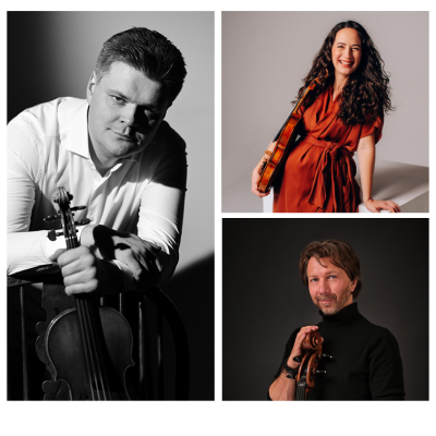 A picture of violinist Roman Simovic, violist Milena Simovic and cellist David Cohen
