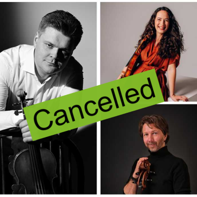 A photo announcing the cancellation of Concerts for Craswall's performance with musicians Roman and Milena Simovic with cellist David Cohen